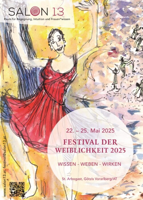 Festival der Weiblichkeit 2025 – WISSEN | WEBEN | WIRKEN flyer a5 bilder claudia mang gestaltung doris fraisl s1